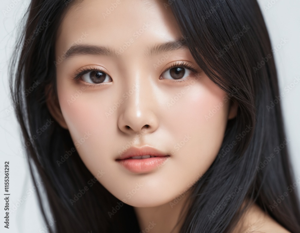 Obraz premium Portrait of a beautiful young Asian woman with fresh clean skin and long thick black hair