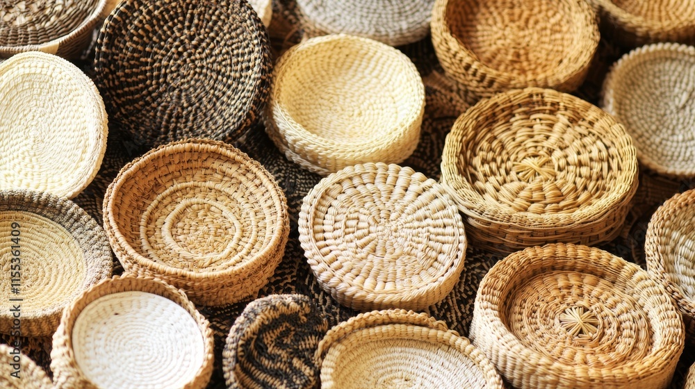 A collection of intricately woven basket in various sizes and natural colors. A collection of intricately woven basket in various sizes and natural colors.