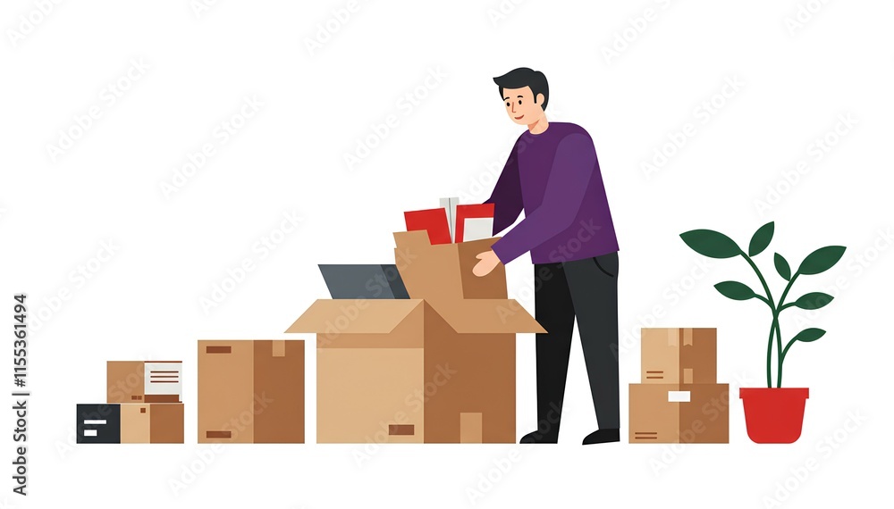 引越し - 男性 - 段ボール - 荷造り - イラスト素材 - 白背景 - 横型 引越し - 男性 - 段ボール - 荷造り - イラスト素材 - 白背景 - 横型