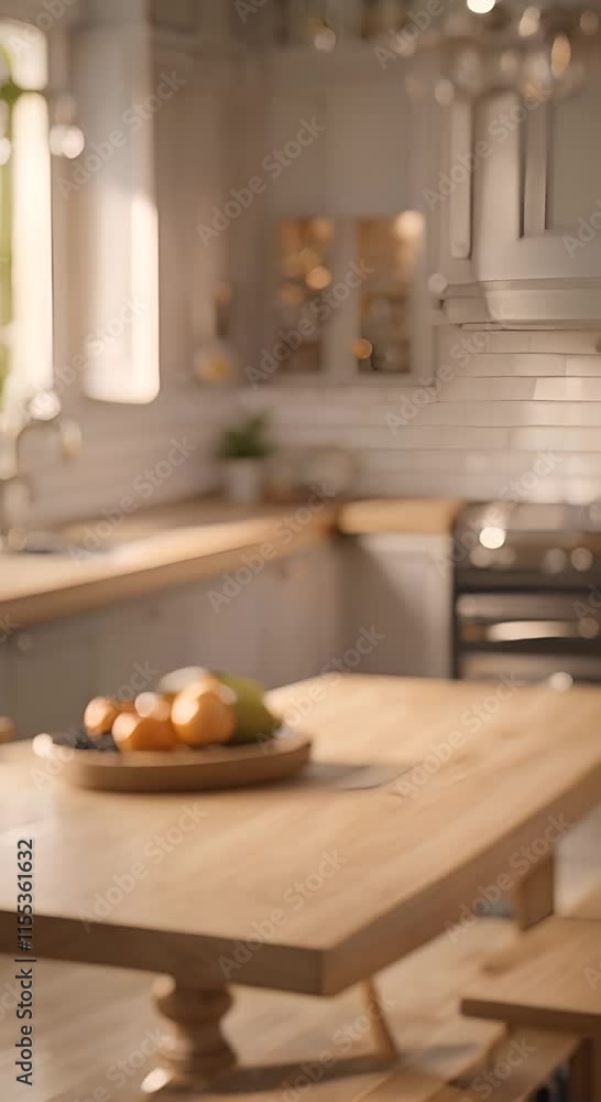 Empty beautiful wood table top on kitchen interior background in clean and bright animation 4K vertical Empty beautiful wood table top on kitchen interior background in clean and bright animation 4K vertical