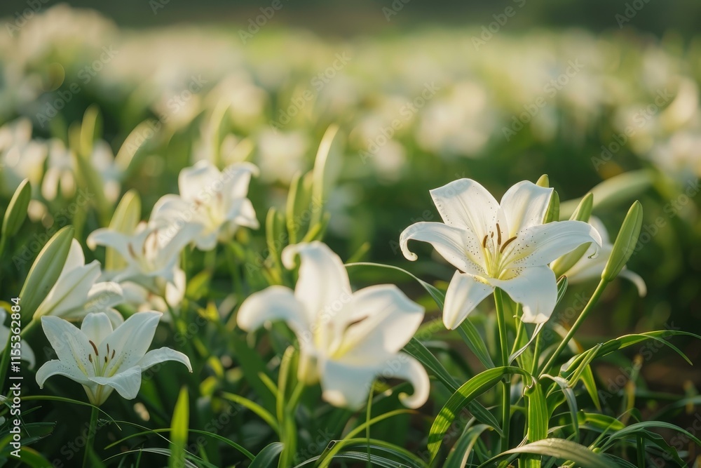 Beautiful white lilies blooming in a field, illuminated by warm sunlight Beautiful white lilies blooming in a field, illuminated by warm sunlight