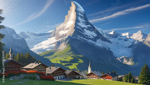 Matterhorn peak at misty dawn. Zermatt, Switzerland, Generative AI
