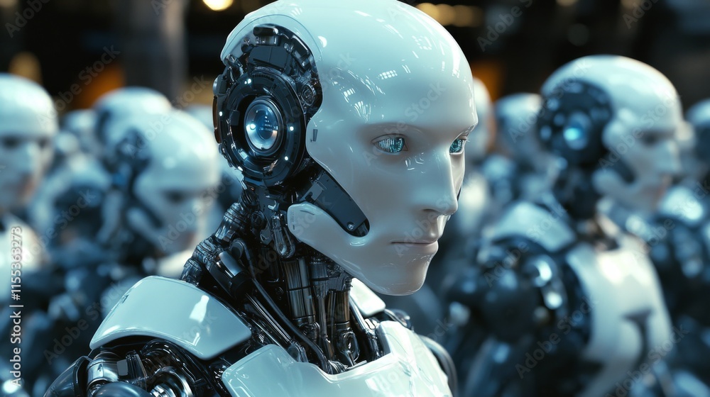 Group of robots standing in a futuristic factory Group of robots standing in a futuristic factory