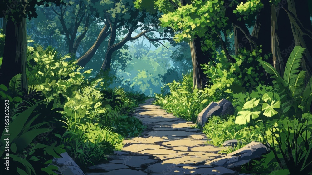 Serene stone path through lush green forest. Serene stone path through lush green forest.