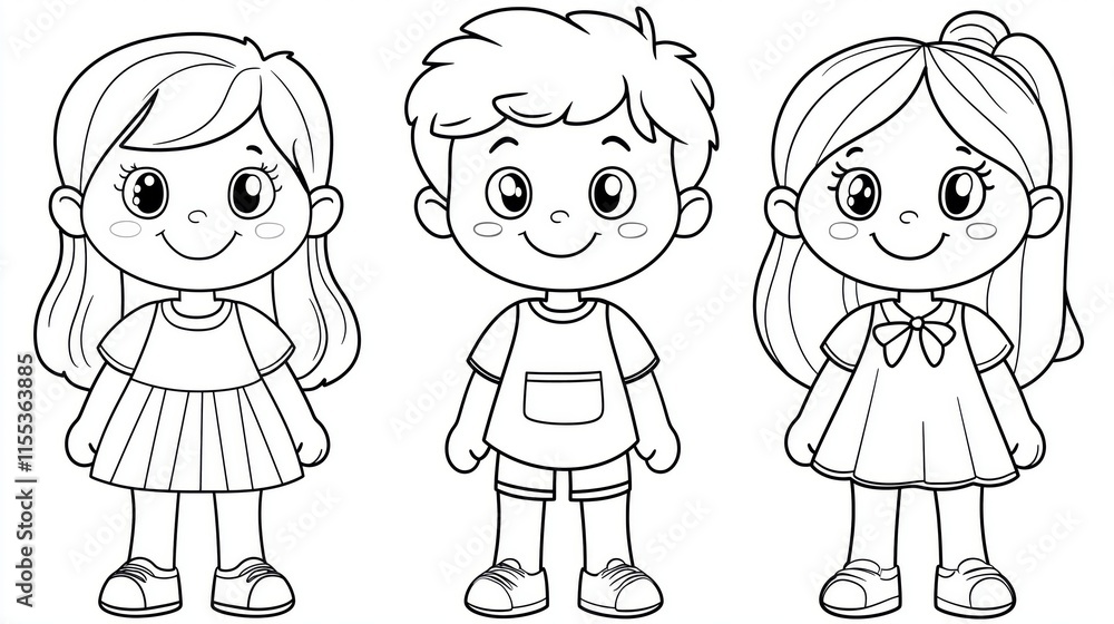 Coloring page of Happy Children in Playful Poses for Coloring