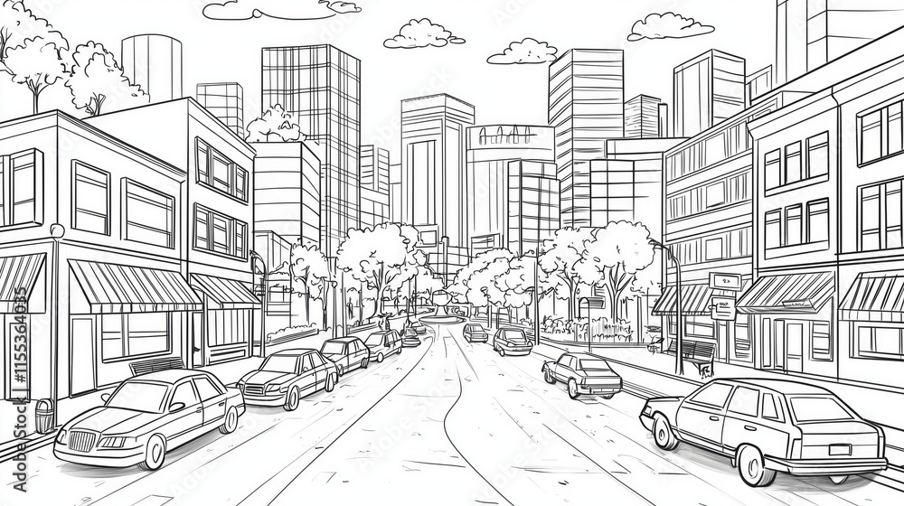Fototapeta premium Coloring page of Urban Cityscape Line Drawing with Skyscrapers and Street View