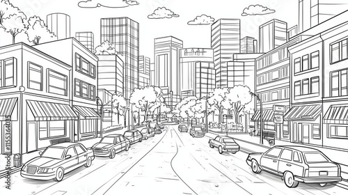 Wallpaper Mural Coloring page of Urban Cityscape Line Drawing with Skyscrapers and Street View Torontodigital.ca