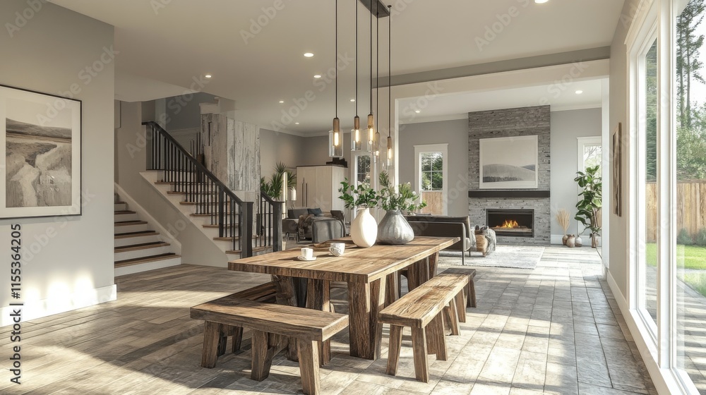 Fototapeta premium Modern open-concept dining room interior with natural lighting