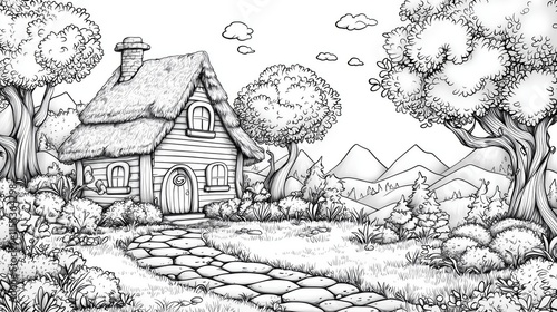 Coloring page of Charming Cottage Surrounded by Lush Nature and Scenic Mountains
