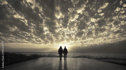 Two people walking on a beach under dramatic cloudy sky