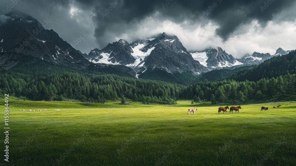 Majestic Landscape With Grazing Horse, Snow-Capped Mountains, and Lush Green Meadow, selective focus Majestic Landscape With Grazing Horse, Snow-Capped Mountains, and Lush Green Meadow, selective focus