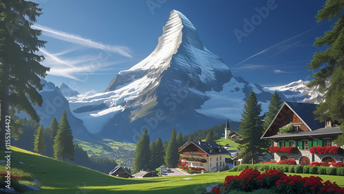 Matterhorn peak at misty dawn. Zermatt, Switzerland, Generative AI

