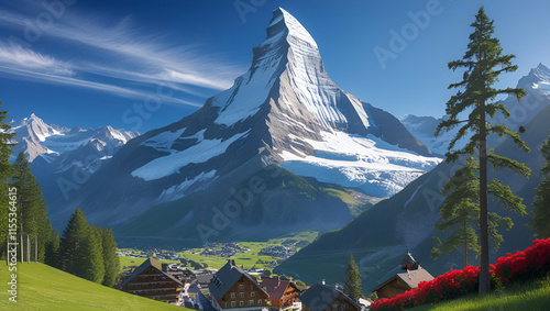 Matterhorn peak at misty dawn. Zermatt, Switzerland, Generative AI
