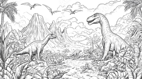 Coloring page of Dinosaurs in a Lush Prehistoric Landscape Illustrated in Detail photo