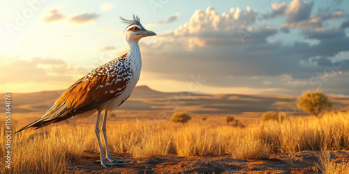 A Majestic Presence: A Kori Bustard surveys its domain, its regal stance and striking plumage commanding attention against the backdrop of a vast African landscape photo