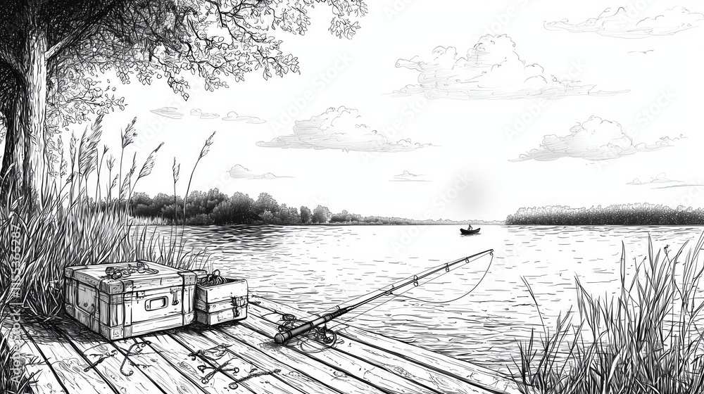 Fototapeta premium Coloring page of Tranquil Fishing Scene by the Lake with Rod and Lure on Dock