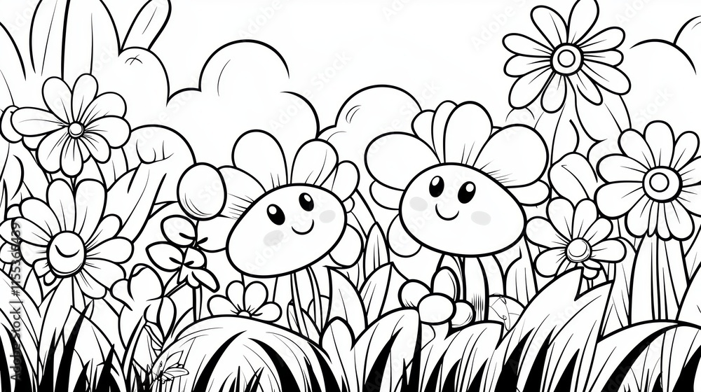 Fototapeta premium Coloring page of Cheerful Flowers with Smiling Faces in a Black and White Garden