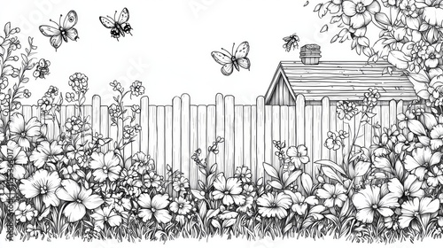 Coloring page of Beautiful Garden Scene with Flowers, Butterflies, and Hive