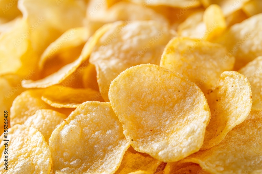 A close-up view reveals a pile of crispy, golden potato chips stacked enticingly high, showcasing their texture, crunch, and savory appeal in minimal lighting. A close-up view reveals a pile of crispy, golden potato chips stacked enticingly high, showcasing their texture, crunch, and savory appeal in minimal lighting.