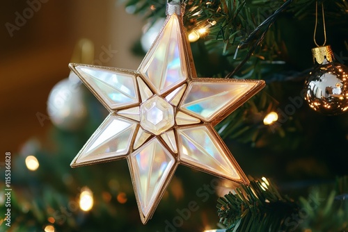 An artistic star-shaped ornament glows beautifully on a decorated Christmas tree branch, surrounded by twinkling lights and festive decorations, creating holiday magic. photo