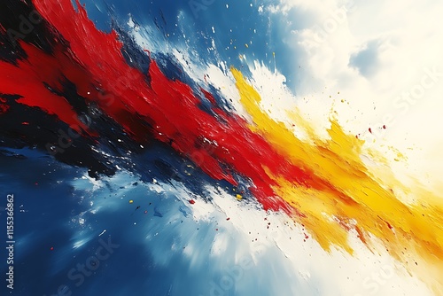 Abstract painting with red, yellow, blue, and white streaks. photo