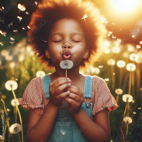 21 Child blowing dandelion seeds pure joy expression sunlit Izob photo