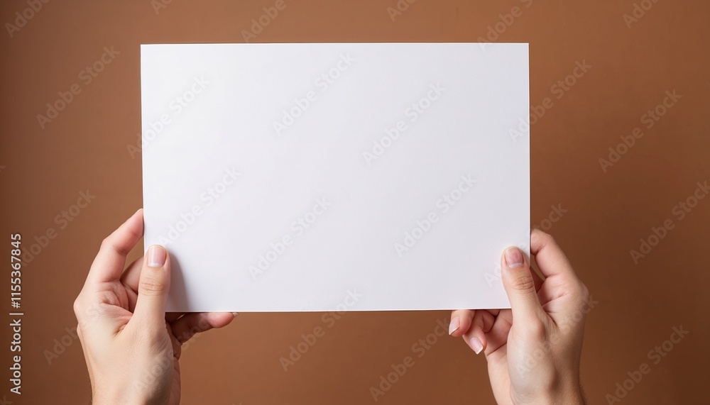 Hand holding blank white sheet of paper on brown background with copy space Hand holding blank white sheet of paper on brown background with copy space