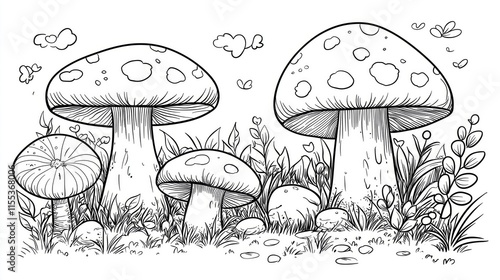 Coloring page of Mushrooms Surrounded by Lush Vegetation