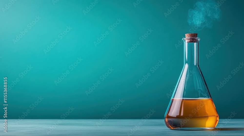 A clear flask filled with warm orange liquid emits a gentle vapor, highlighted against a rich teal backdrop. Impressions of science and warmth are elegantly conveyed.