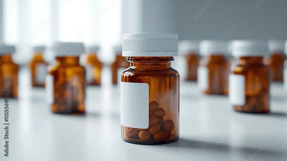 bottles of pills with a blank label on them sitting on a table bottles of pills with a blank label on them sitting on a table