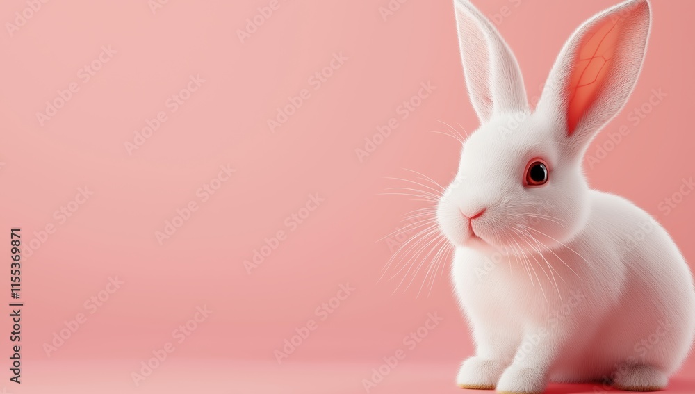 Fototapeta premium A Delightfully Charming White Rabbit Gracefully Sitting Against a Soft Pink Background, Which Makes it Perfect for All Joyous Easter Celebrations and Joyful Festivities with Family and Friends