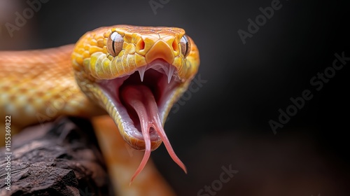 Showcased in this image is a striking close-up of a vibrant orange snake with its mouth wide open, highlighting the intricate scales and sharp fangs, adding an edgy impact. photo