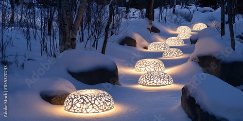 In the snowy mountains, there is an outdoor installation art of glowing, round, cozy, firelit path made from white coral lace woven with vines and branches.  photo