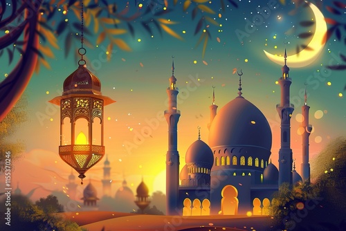 Ramadan Kareem with serene mosque and lantern, crescent moon serene evening background with beautiful glowing lantern. photo