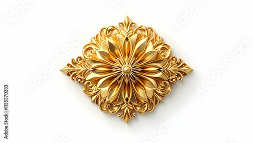 A 3Drendered image showcases a gold, diamondshaped floral design. Intricate detailing and a luxurious, ornate style are evident. The piece is isolated on a white background.