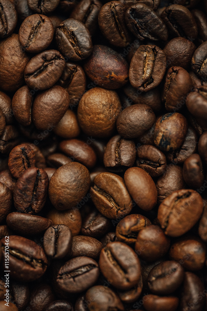 Naklejka premium macro photography coffee beans close-up, food and drinks, cheerful morning, free space for text