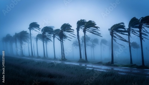 row of palm trees being blown via strong winds in a foggy stormy surroundings the scene is dramatic with a blue tint that adds to the eerie and excessive temper highlighting nature s strength photo