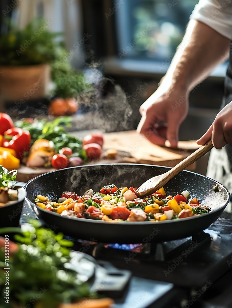 Chef Cooking Colorful Vegetable Stir Fry in Kitchen with Fresh Ingredients and Aromatic Spices : Generative AI Chef Cooking Colorful Vegetable Stir Fry in Kitchen with Fresh Ingredients and Aromatic Spices : Generative AI