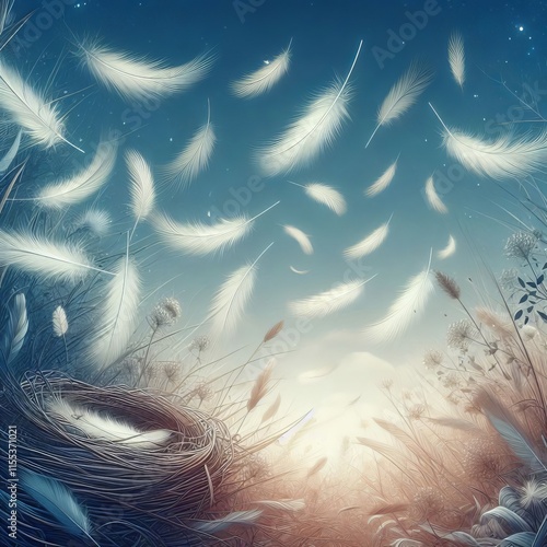 26 Feathers Floating Down from a Bird's Nest A serene illustrati photo