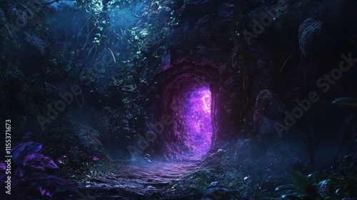 Fotografie A Glowing Purple Portal in a Dark Forest