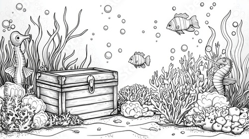 Coloring page of Underwater Scene with Sea Creatures and Treasure Chest Illustration photo