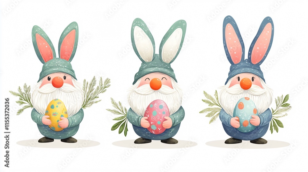 Obraz premium Adorable Gnomes with Bunny Ears, Carrots, and Colorful Hats - Whimsical Easter Theme