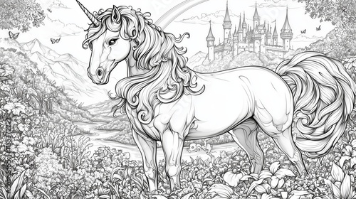 Coloring page of Majestic Unicorn in Enchanted Garden with Castle and Rainbow