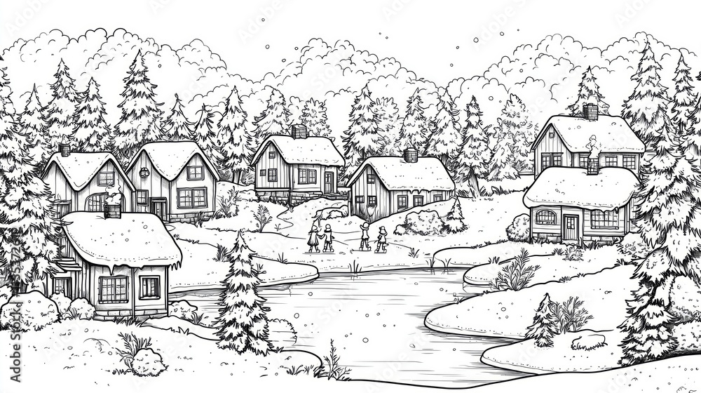 Fototapeta premium Coloring page of Winter Village Scene with Snowy Cottages and Peaceful Pond