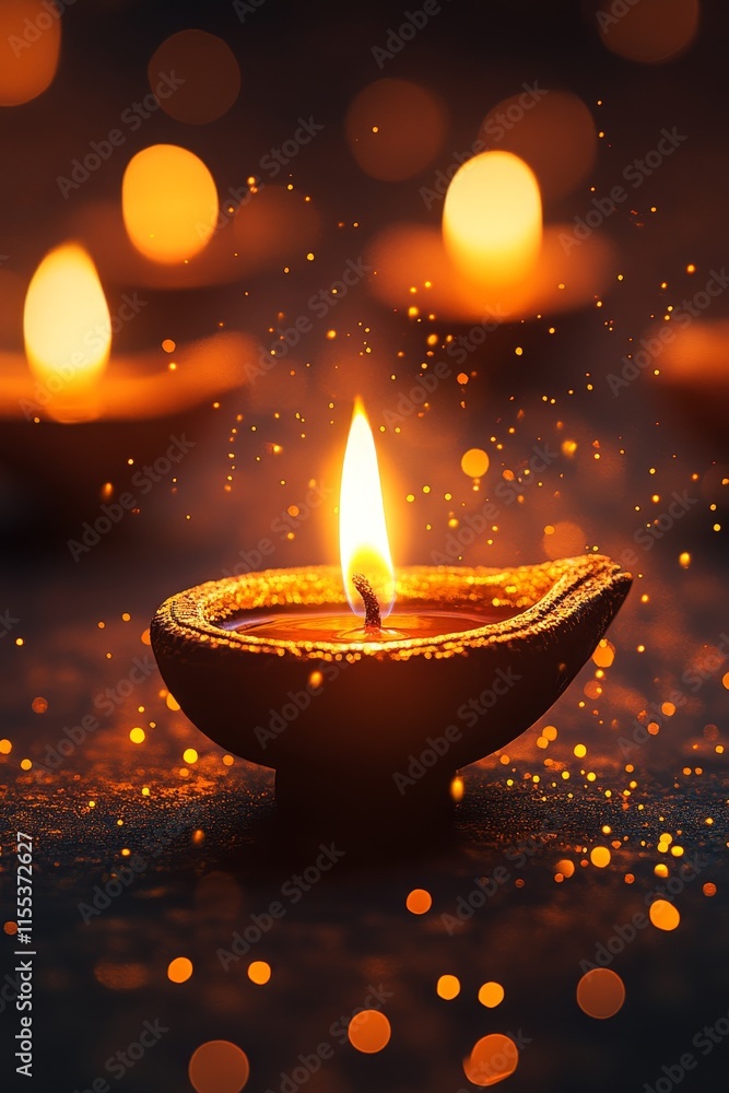 Traditional Diwali Oil Lamp Illuminates the Night, Casting a Warm Glow On Festive Bokeh Background Traditional Diwali Oil Lamp Illuminates the Night, Casting a Warm Glow On Festive Bokeh Background