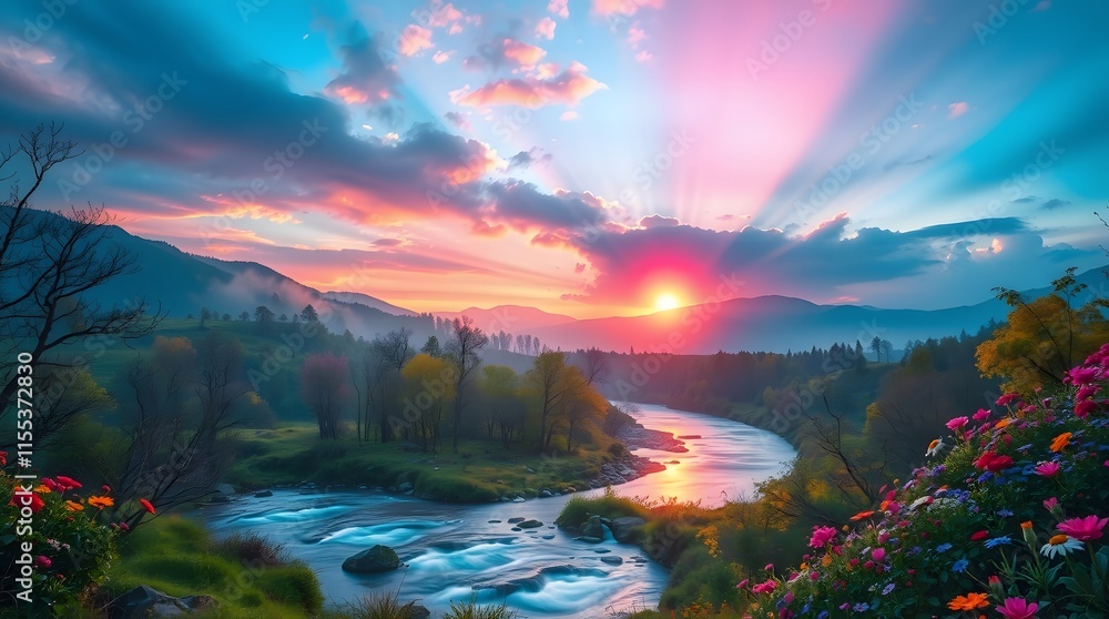 Spring Forest Mountain River in Sunrise Spring Forest Mountain River in Sunrise