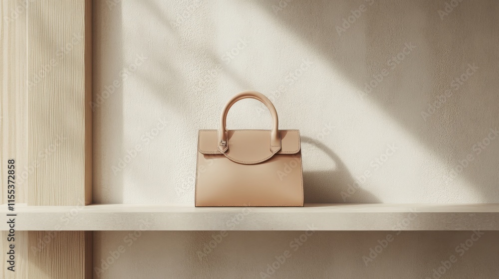 Fototapeta premium Beige leather handbag on wooden shelf minimal style.
