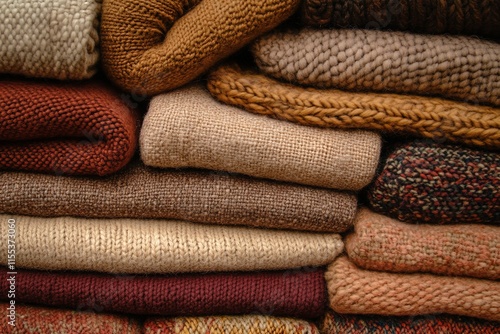 A variety of knitted sweaters are stacked together, displaying a range of warm and cozy colors, embodying comfort and style for colder seasons. photo