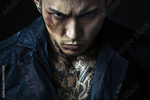 A dramatic portrait of a young yakuza member with a scar across his face and traditional tattoo designs peeking out from his shirt collar. photo