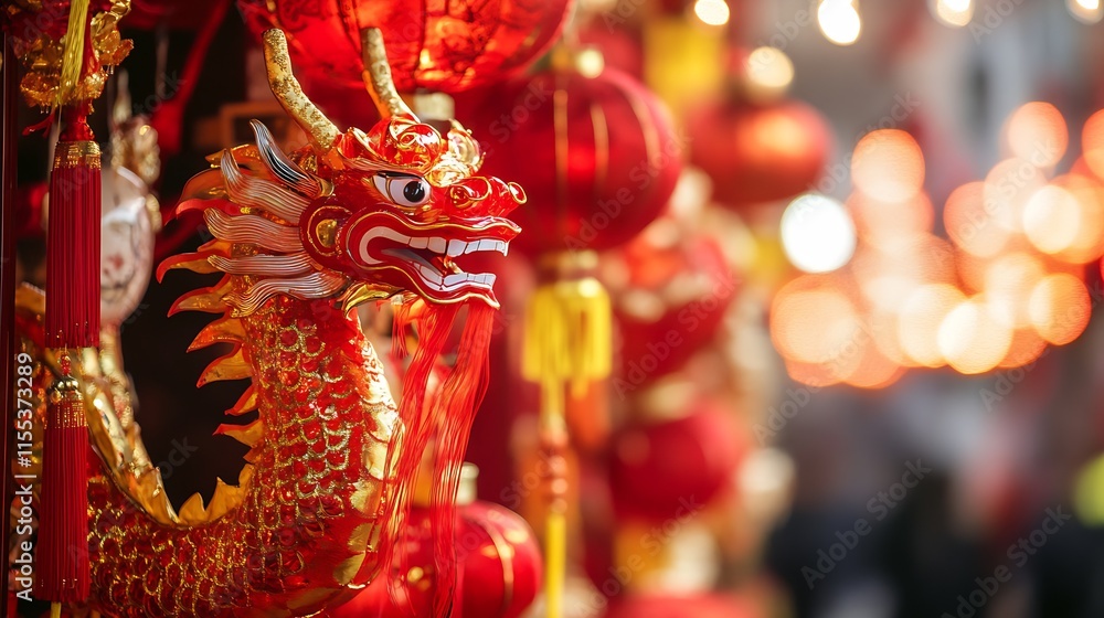 Fototapeta premium Vibrant Chinese New Year Decorations with Golden Dragon and Red Lanterns : Generative AI